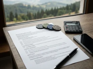 Fișă de condiții promoționale lângă jetoane și un calculator, ilustrând verificarea rulajului și limitelor