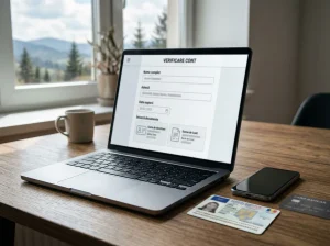 Laptop cu formular de cont și document de identitate reprezentat generic, pe un birou ordonat