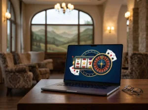 Masă de ruletă stilizată lângă role de slot și cărți de joc pe un ecran de laptop
