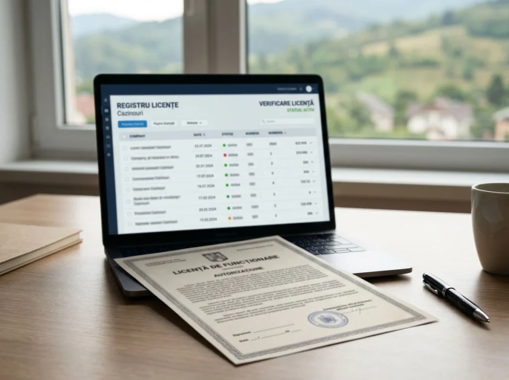 Documente și un laptop folosite pentru verificarea unei licențe de jocuri de noroc din România