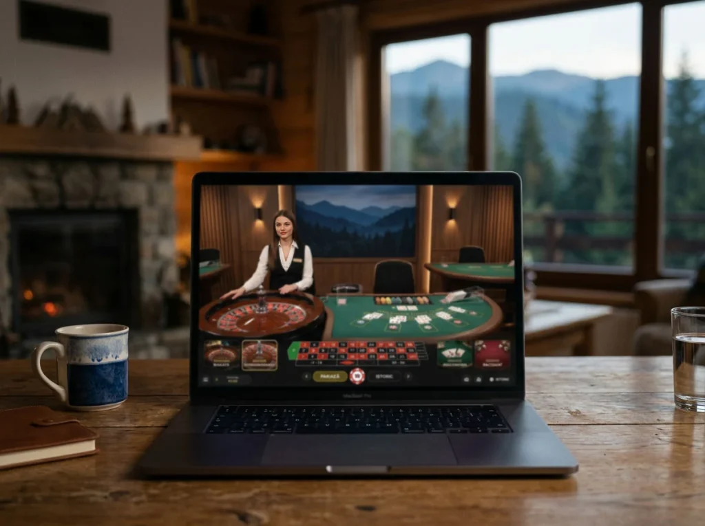 Masă de ruletă și cărți de blackjack într-un studio live văzut pe ecranul unui laptop
