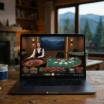 Masă de ruletă și cărți de blackjack într-un studio live văzut pe ecranul unui laptop
