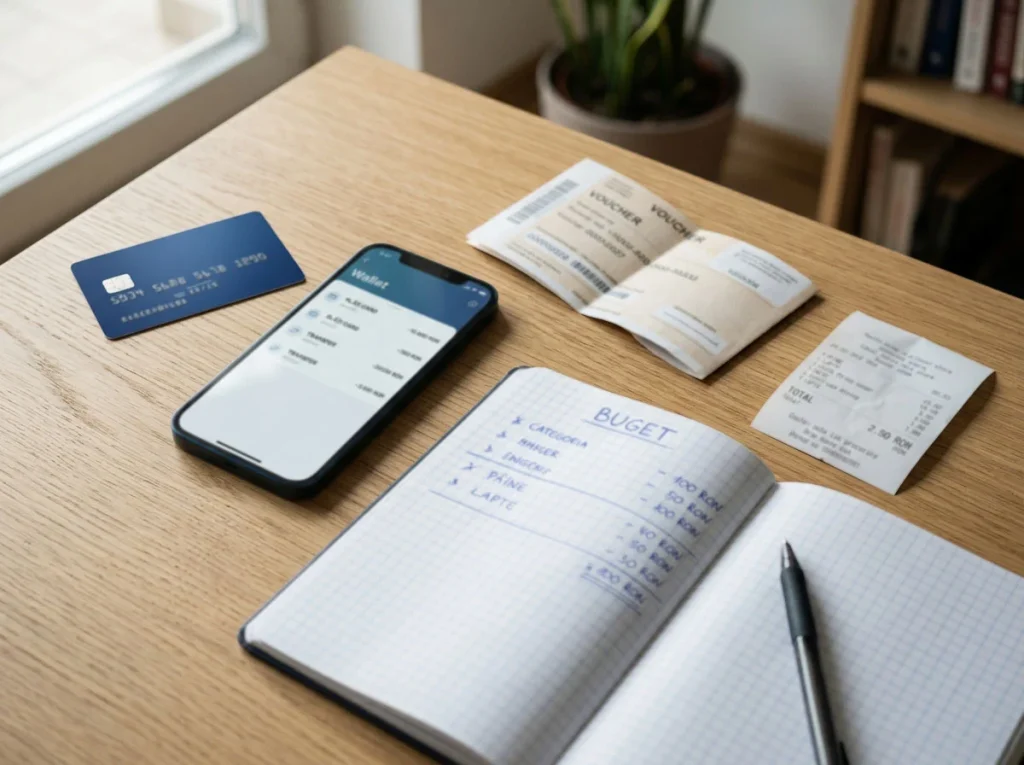 Card bancar, telefon și portofel digital ilustrând mai multe metode de plată în lei