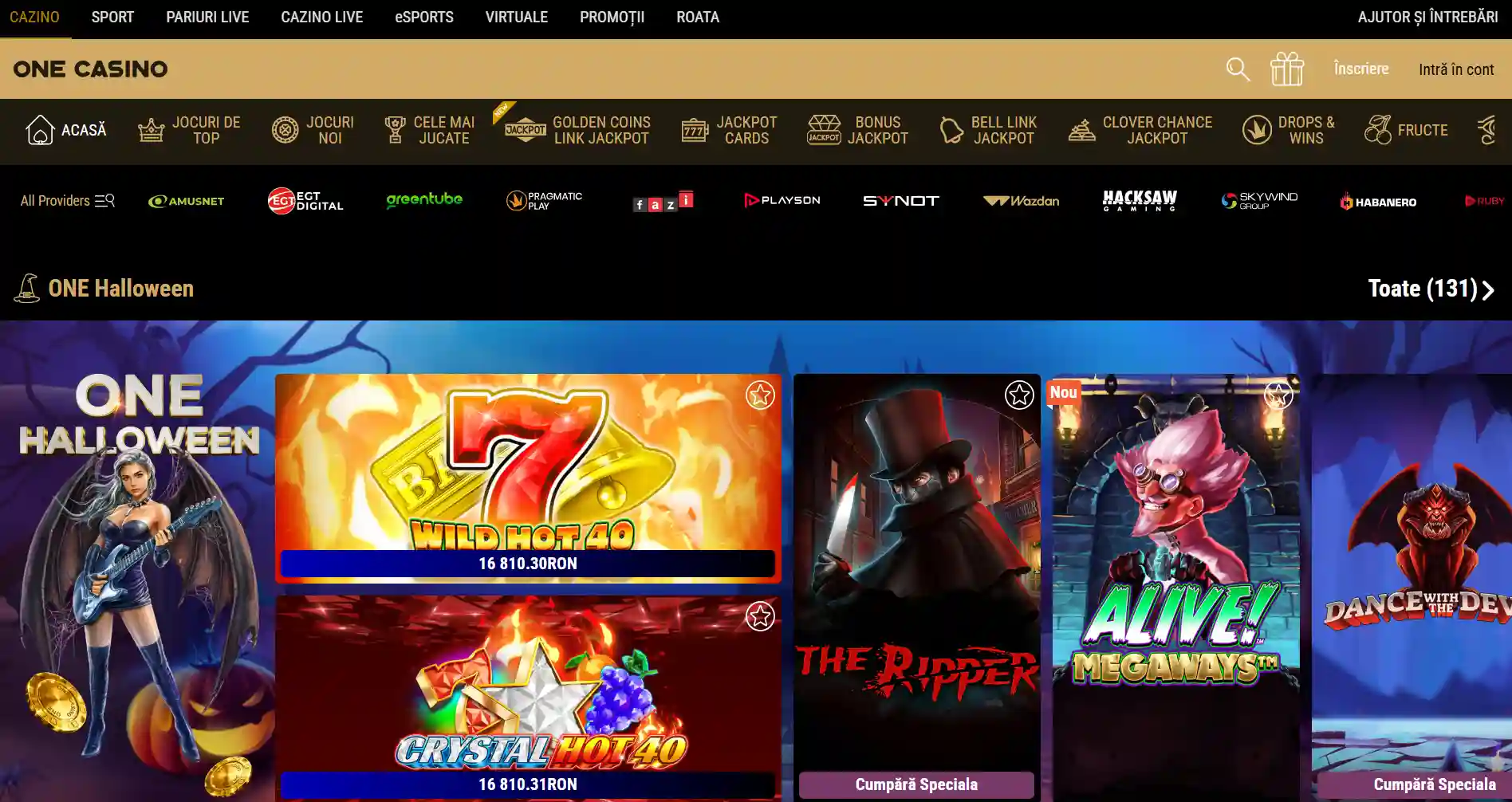 Captură a paginii publice One Casino în browser, cu navigarea și zona principală vizibile