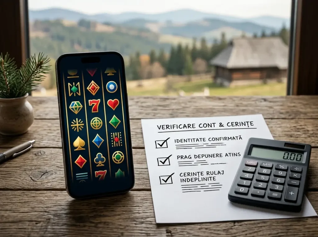 Telefon cu role de slot stilizate lângă o fișă de condiții și un calculator