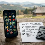 Telefon cu role de slot stilizate lângă o fișă de condiții și un calculator